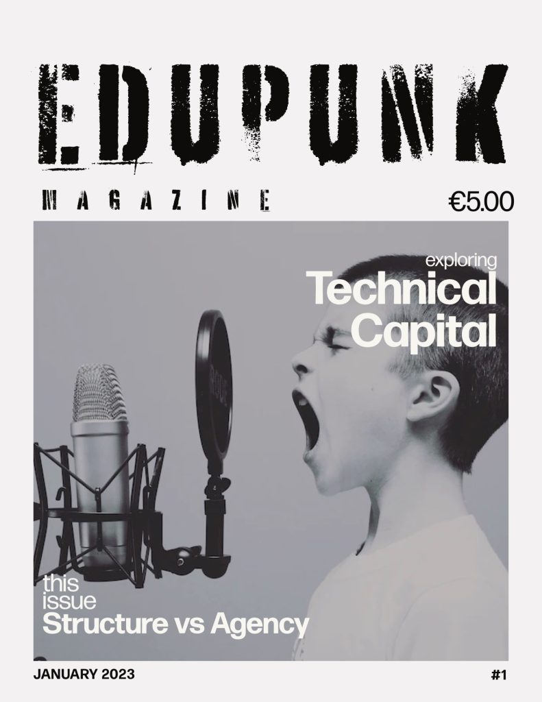 Black and white cover of the mocked up 'Edupunk Magazine' covering this topic with a angry, shouting boy depicted on the cover
