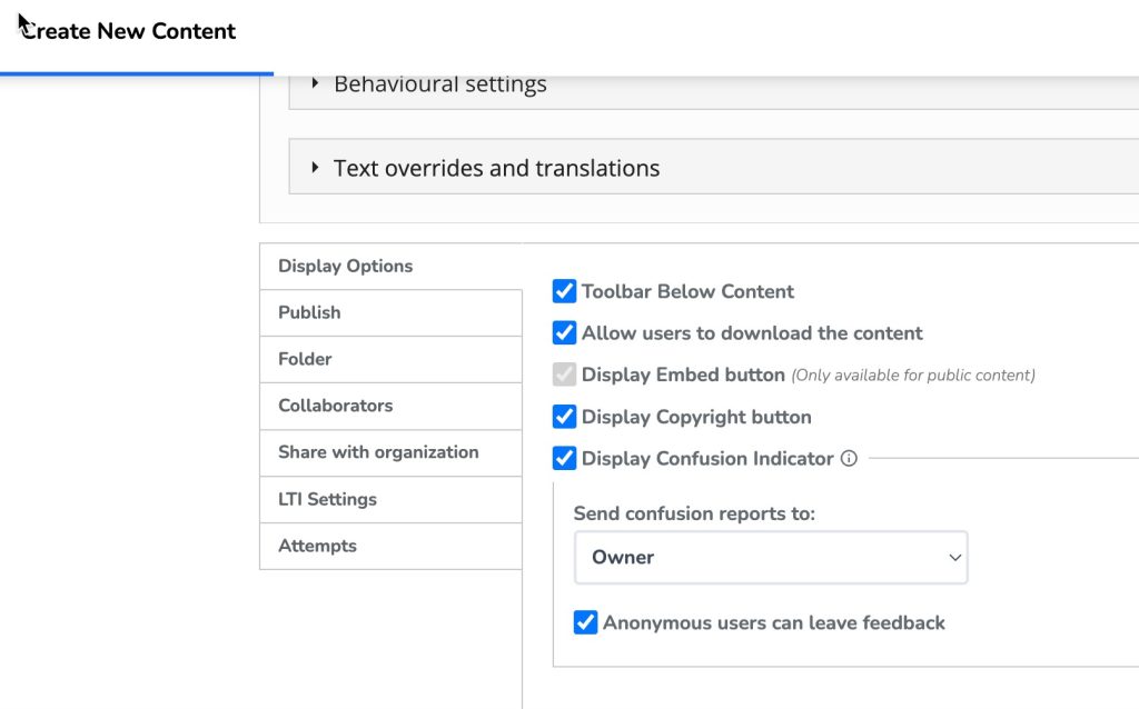 Publishing and sharing options