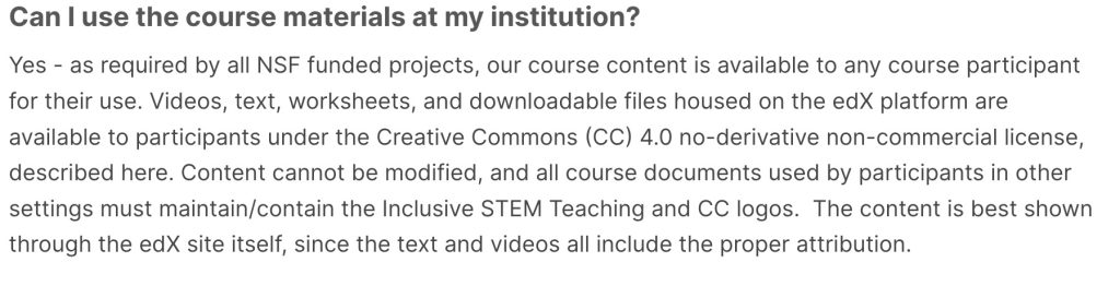 Screenshot from MOOC indicating that will materials are CC licensed, they aren't remixable 